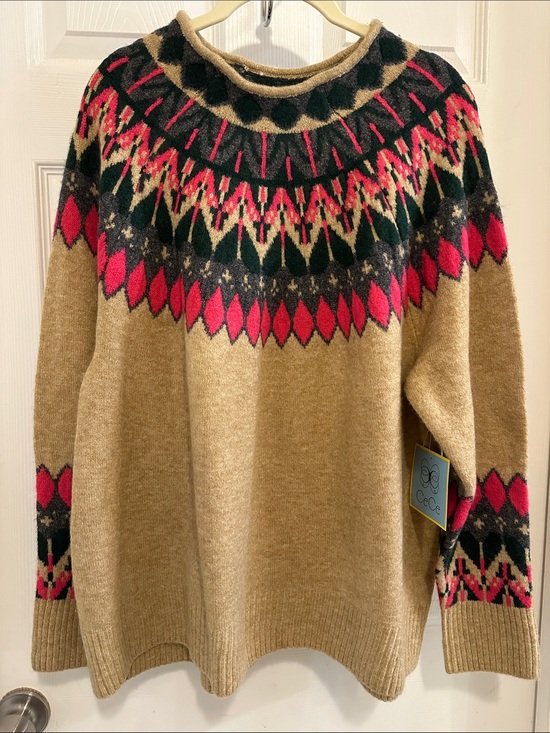 CeCe Sweaters - CeCe Camel Fair Isle Yoke Sweater with Pink & Green Accents